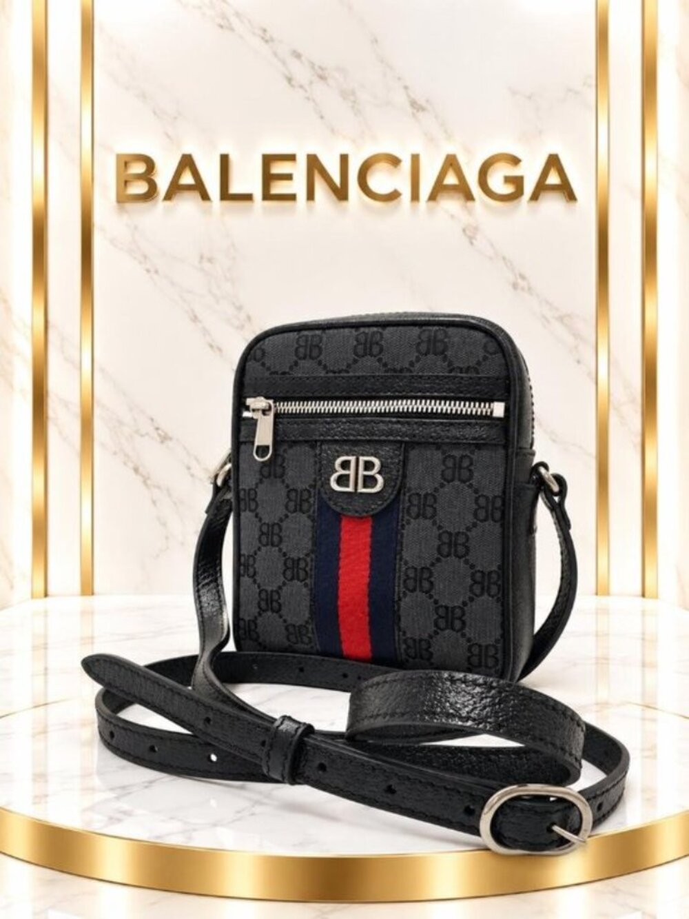 Authentic Balenciaga BB Monogram Crossbody Bag Black Red Stripe Messenger